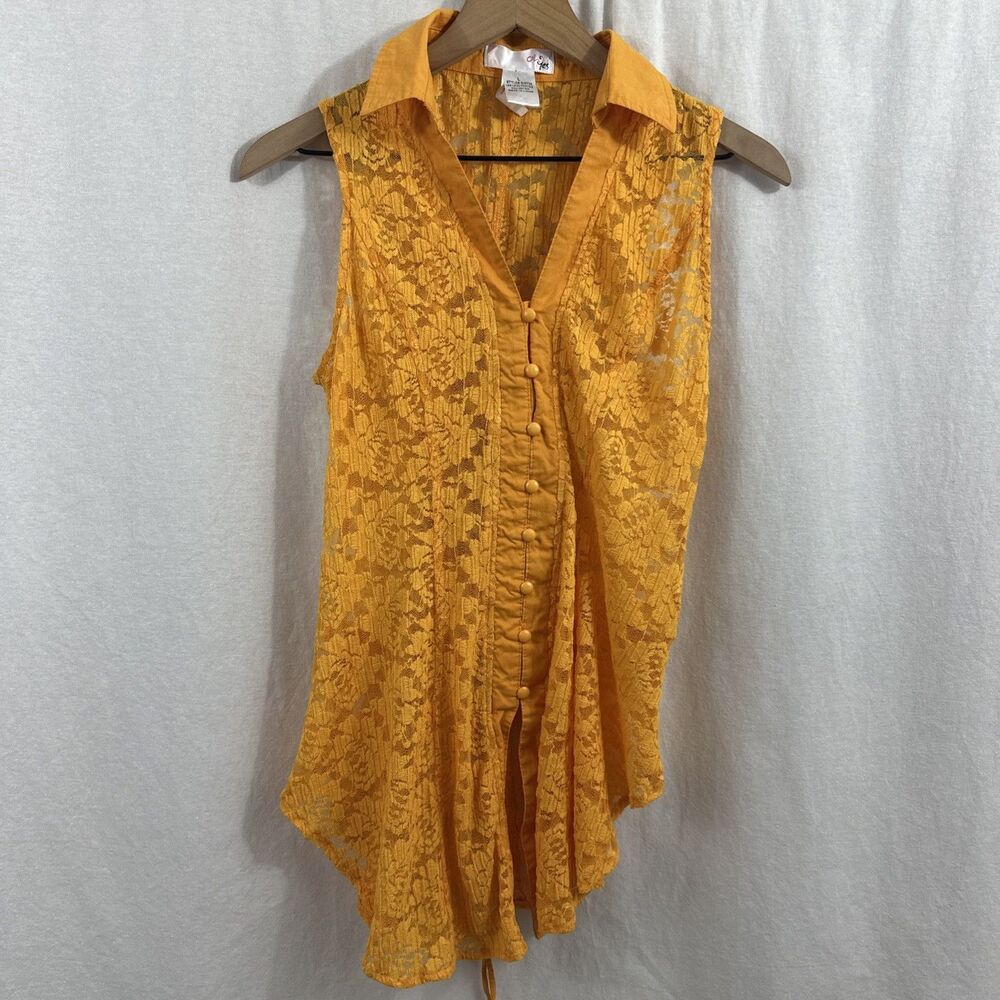 Oh Yes Y2K Yellow Lace Sheer Lace Up Back Sleeveless Tunic Top Womens L Hippie